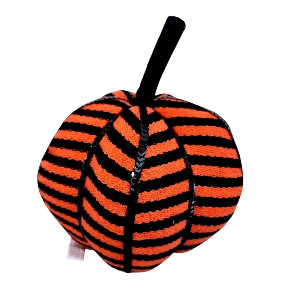 Orange Black Striped Fabric Pumpkin Halloween Decor Sequin Beaded Tassel Accent - Picture 5 of 7